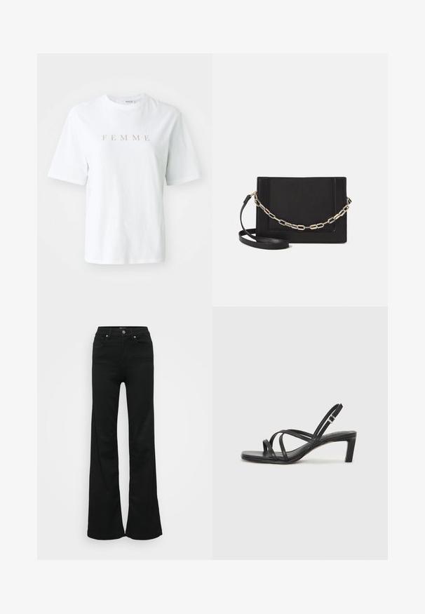 Balta medvilninė marškinė su trumpomis rankovėmis, kuriuose per krūtinę užrašyta žodis "FEMME" auksine spalva, apvaliu kaklo iškirpimu ir laisvu siluetu.; Juodos plačios džinsinės kelnės, pagamintos iš denimo, su aukštu liemeniu, penkiomis kišenėmis ir metaliniu sagčių uždarymu. Lygi tekstūra su minimaliu dekoravimu.; Juodi šlepetės su kvadratiniu pirštu ir žemu bloku kulnu. Yra keli ploni dirželiai ir reguliuojamas kulkšnies diržas. Pagaminti iš lygios odos.; Juodas odinis per petį nešiojamas krepšys turi lygų paviršių, stačiakampio formą ir metalinę grandinėlę priekyje. Pridedama reguliuojama dirželis.; Sidabrinis dvigubas žiedas su lygiu, poliruotu paviršiumi. Pasižymi sklandžiu, kreiptu dizainu su persipinančiomis dalimis, suteikiančiomis modernų išvaizdą.