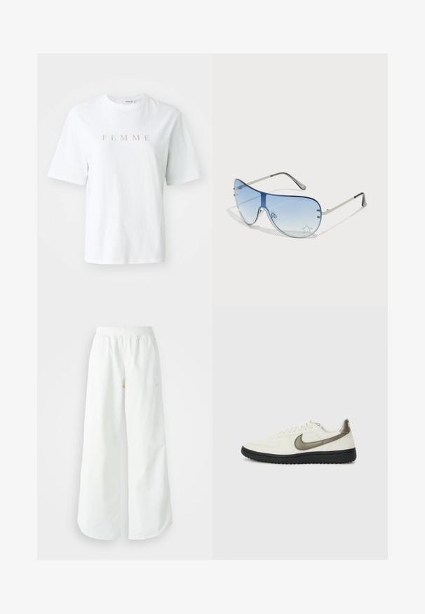 Valge puuvillane T-särk lühikeste varrukatega, millel on rinnal kuldsete tähtedega sõna "FEMME", ümmargune kaelus ja lõdva lõikega.; Valged laiad spordipüksid, ribadega vöökoht ja diskreetne logosümbol. Sile kangas, lõdvestatud istuvus ja kitsenev ääreosa.; Nike Sportswear FIELD GENERAL - Tossud - off-white/black; Aviatori prillid, millel on gradient sinine objektiiv, hõbedane metallraam ja dekoratiivsed staaraktsendid objektiivil. Sujuv ja stiilne disain.