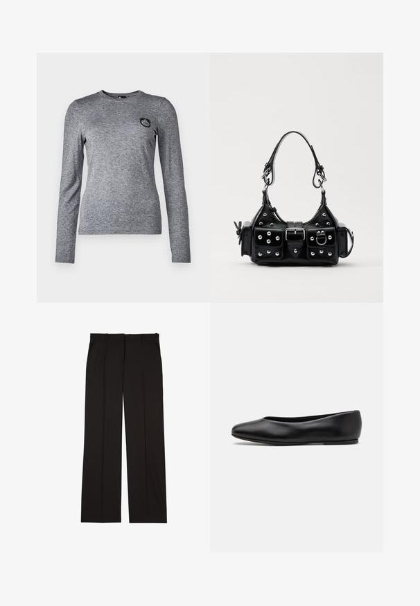 Long-sleeve gray t-shirt made of soft fabric with a round neckline and a small black patch accent on the left chest area.; Black tailored trousers made of a smooth fabric, featuring a straight-leg design, and two side pockets. Elegant and minimalistic construction.; Paul Smith TOPANGA - Ballet pumps - black; Black leather handbag with a curved design, featuring silver studs, a buckle, and two side pockets. Adjustable strap for carrying options.