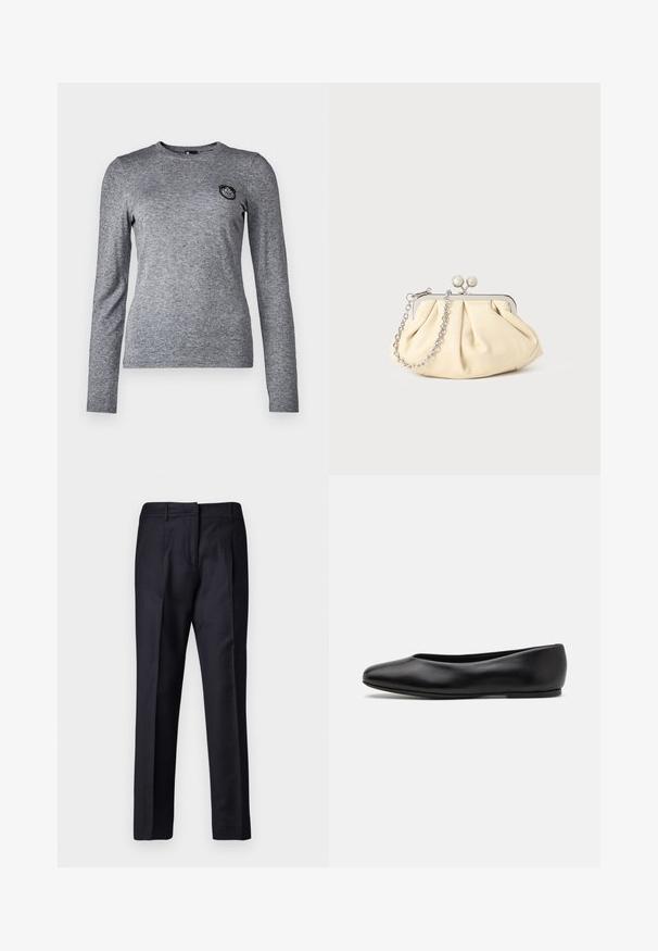 Long-sleeve gray t-shirt made of soft fabric with a round neckline and a small black patch accent on the left chest area.; Navy tailored trousers with a smooth texture, featuring a flat front, dual pleats, and belt loops. Straight-leg cut, finished hem.; Paul Smith TOPANGA - Ballet pumps - black; Pleated beige leather clutch with a silver metal frame, featuring two round decorative clasps and a silver chain strap.