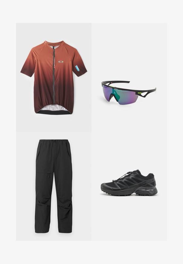 Maglietta da ciclismo a maniche corte in gradiente marrone con strisce verticali, zip frontale e fodera in rete. Presenta un logo e orlo elastico.; Pantaloni neri leggeri con vita elastica, tasche laterali e taglio rilassato. Tessuto liscio, senza pattern o dettagli visibili.; Scarpa da corsa nera con tomaia in mesh e sintetico, suola flessibile e lacci elastici. Presenta una soletta imbottita per il comfort.; Occhiali da sole sportivi con montatura nera, grandi lenti a gradiente con sfumature viola e verdi, e dettagli di design angolari con logo.