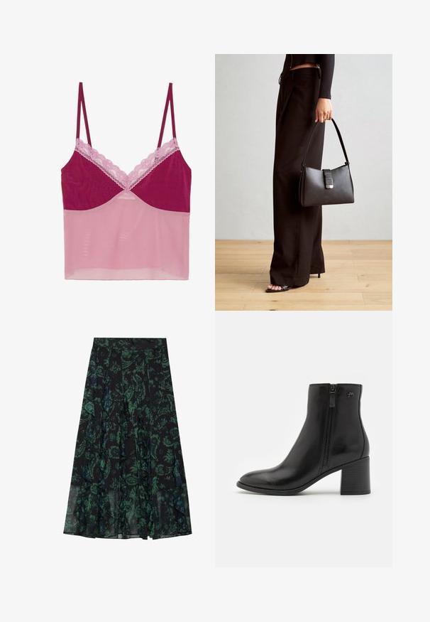 Cami topp med en mørk rosa bodice og lys rosa mesh-bunn, aksentuert med delikat rosa blondedetalj langs utringningen og stroppene.; Svart skjørt med grønt blomsterdesign, med volanger og folder. Laget av lett stoff, som gir en flytende silhuett.; Sorte ankelstøvler laget av glatt lær med glidelås på siden. Har spiss tå og en teksturert blokkhels for stabilitet.; Svart håndveske med strukturert form, jevn tekstur og metallisk lås. Kombinert med brede svarte bukser og sandaler med åpen tå på tregulv.