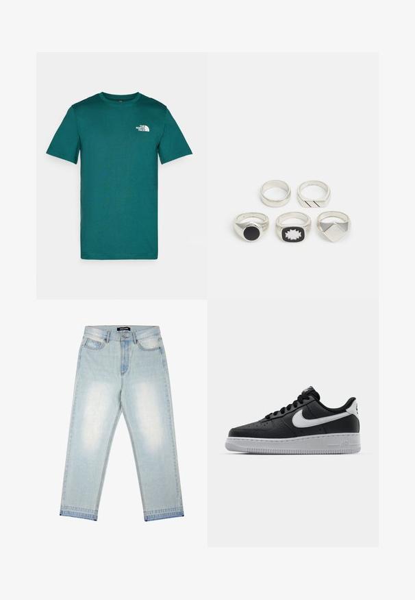 Türkiis värvi lühikeste varrukatega T-särk, mis on valmistatud pehmest puuvillast. T-särgil on ümmargune kaelus ja vasakul rinnal valge logo. Lihtne disain, mustrid puuduvad.; Pegador BARROW - Loose fit teksad - sand washed blue; Must musta sneaker tekstureeritud pinnaga, valge Nike logo, hall tald, ümar varv ja paeltega disain. Omab perforatsioone varbakasti peal.; Viis hõbedast sõrmust: üks musta ümmarguse detailiga, üks valge ja musta geomeetrilise mustriga ning teised erinevate vormide ja viimistlustega.