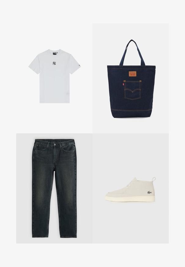 Camiseta de algodón blanca con un logo negro en el pecho, cuello redondo y mangas cortas. Diseño sencillo con detalles mínimos.; Vaqueros de mezclilla azul oscuro con un corte recto, que cuentan con cinco bolsillos, una cremallera en la bragueta y costuras en contraste. Ligera decoloración en la tela.; Botas de tobillo de ante gris claro con punta redonda, suela de goma blanca y un sutil detalle de logo en el costado. Presenta cierre con cordones.; Bolso de tote de mezclilla en azul oscuro con dos asas, costuras visibles y un bolsillo frontal con un parche de logo clásico.