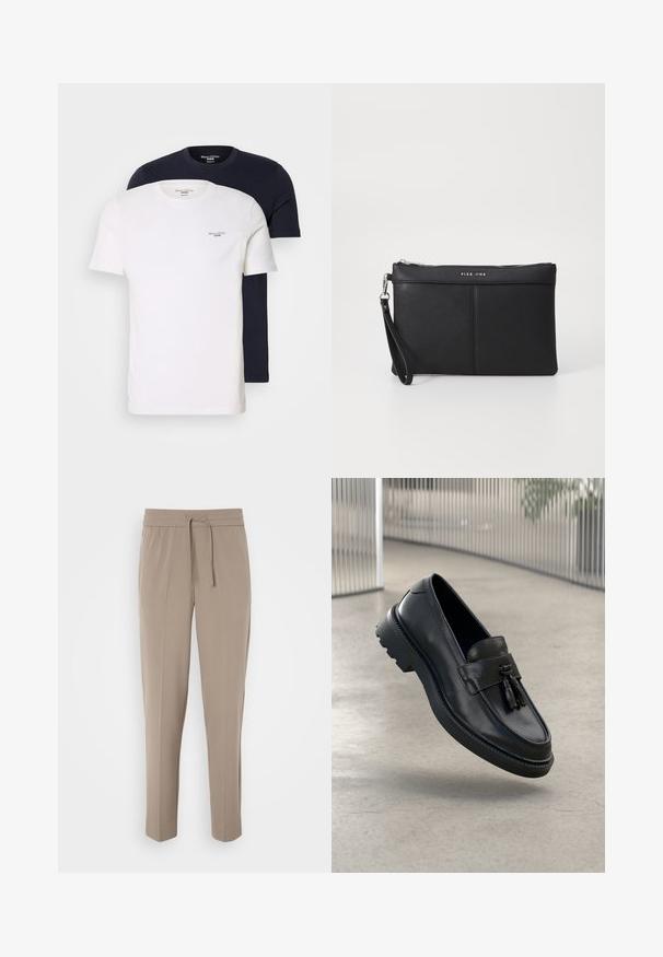 Du striukės su apvalia kaklo iškirpte, sukrautos viena ant kitos; viena balta, kita tamsiai mėlyna. Abi turi trumpas rankoves ir nedidelį „Marc O'Polo Denim“ logotipą ant krūtinės.; Šviesiai beigės kelnės su elastiniu juosmeniu, reguliuojama raišteliu ir siaurėjantys kojomis. Audinys atrodo lygus su švelniu blizgesiu.; Juodi odiniai bateliai be užsegimo su lygiu paviršiumi, dekoratyvine kutu, stora guminė pado danga ir siūtais akcentais. Lengvi ir elegantiško dizaino.; Juodas sintetinis delninukas su užtrauktuku, rankena ir lygia tekstūra. Yra švelni siuvinėta detalė ir logotipas išlygintas priekyje.