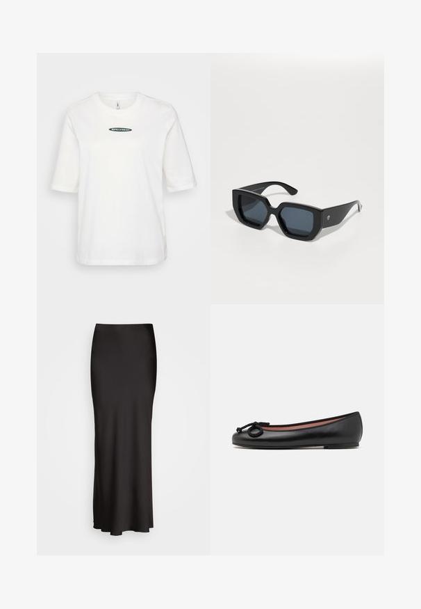 Maglietta in cotone bianca con maniche corte, caratterizzata da un logo verde "RIPE&FRESH" centrato sul davanti, design semplice con collo rotondo.; Gonna in satin nera, lunga fino al pavimento, con una texture liscia, vita aderente e silhouette a forma di A, priva di decorazioni visibili o fantasie.; Ballerina nera in pelle con punta rotonda, dotata di un fiocco decorativo e una finitura liscia. Design minimalista con suola piatta e bassa.; Occhiali da sole neri oversize con un design geometrico, lenti rettangolari e finitura lucida. Nessun marchio visibile nella parte anteriore.; Orecchini a cerchio in oro con un design liscio e arrotondato. Presentano una piccola chiusura a cerniera, un aspetto leggero e una finitura lucida.