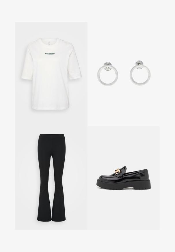 Maglietta in cotone bianca con maniche corte, caratterizzata da un logo verde "RIPE&FRESH" centrato sul davanti, design semplice con collo rotondo.; Pantaloni neri a zampa d'elefante realizzati in tessuto elasticizzato, con una vita alta e una superficie liscia. I pantaloni si allargano a partire dal ginocchio.; Mocassini in pelle verniciata nera con suola spessa nera e dettagli in hardware dorato. Texture liscia e design con punta arrotondata.; Orecchini a cerchio in metallo argento con finitura spazzolata, caratterizzati da un design circolare e un gancio trasparente sul retro per una vestibilità sicura.