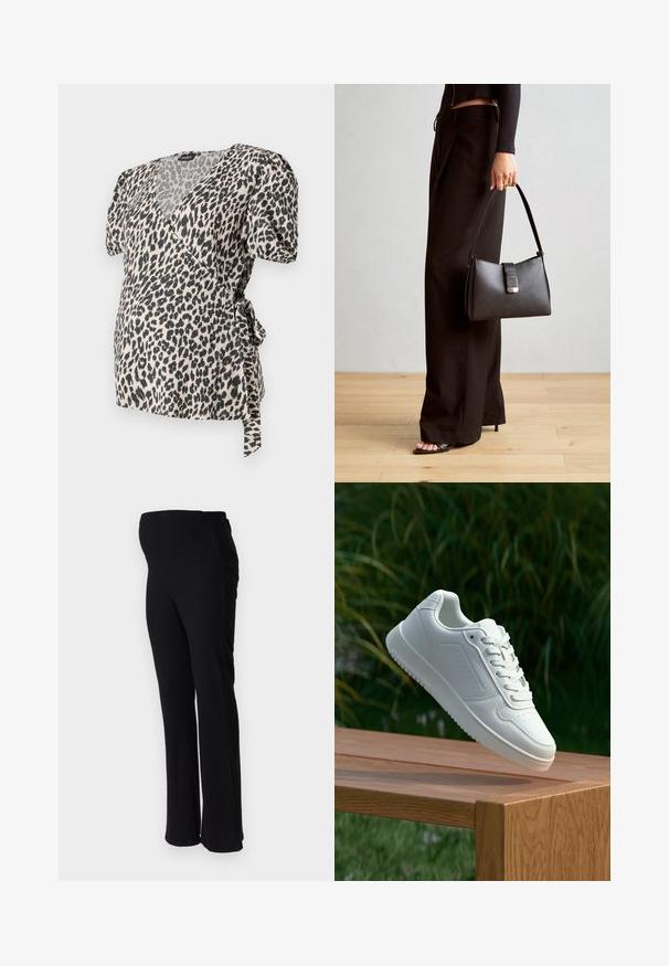 Plettert topp med korte pufferm, laget av myk stoff. Har en utringning og knyttedetalj i livet. Krem- og svartfarger.; ONLY MATERNITY OLMHALLE - Bukse - black; Hvite sneakers med en glatt syntetisk overdel, perforert tåboks, flate snørebånd og en teksturert såle, vist på en treflate.; Svart håndveske med strukturert form, jevn tekstur og metallisk lås. Kombinert med brede svarte bukser og sandaler med åpen tå på tregulv.