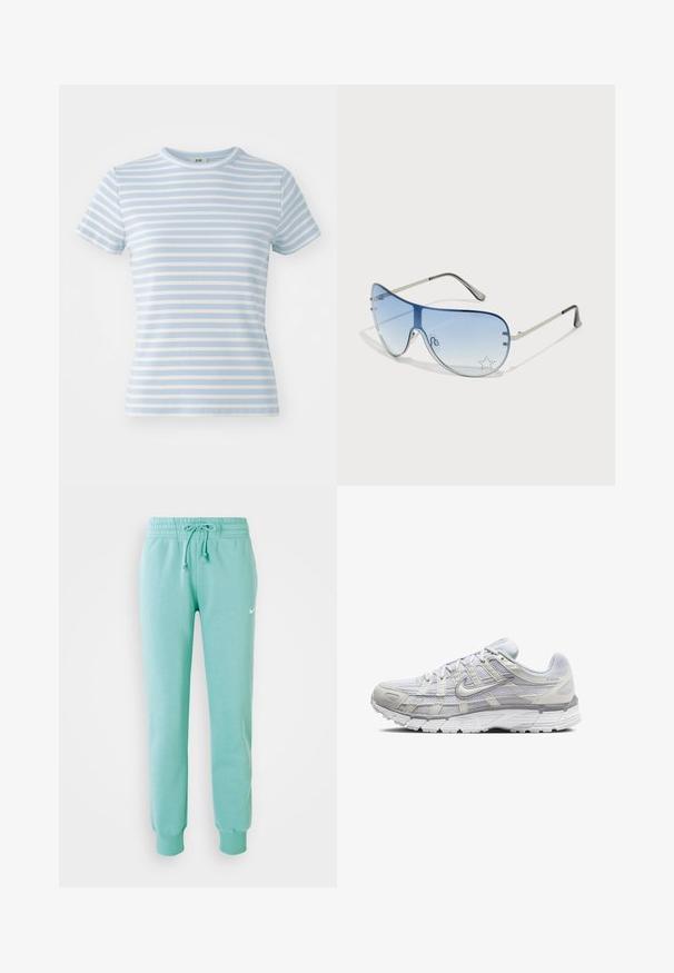Šviesiai mėlyna trumpomis rankovėmis marškinėliai su horizontaliomis baltomis juostelėmis, glotni tekstūra ir apvalios iškirptės. Tinka kasdieniam dėvėjimui.; Mėtyni žalios spalvos sportinės kelnės su elastinga juosta, raišteliu ir raukinėtais rankogaliais. Kairiajame šlaunyje yra mažas baltas Nike logotipas.; Šviesiai pilki sportiniai batai su tinkline ir sintetine viršutine dalimi, turintys raištelių užsegimą, paminkštintą apykaklę ir tekstūruotą padą geresnei sukibimo kokybei.; Aviatoriai akiniai su gradientiniais mėlynais objektyvais, sidabriniu metaliniu rėmu ir dekoratyvinėmis žvaigždžių akcentais ant objektyvų. Lygaus ir stilingo dizaino.