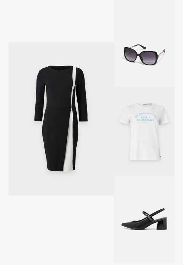T-shirt branca de algodão com mangas curtas e gola redonda. Apresenta texto azul com a inscrição "NADA COMO ESTE LINDO DIA DE VERÃO" em um design arqueado.; Vestido preto com mangas três quartos, apresentando uma faixa diagonal branca. Feito de tecido suave, com cintura ajustada e comprimento até o joelho.; Sabrinas de cerâmica preta com salto bloco, bico apontado e um design com recortes arredondados. Apresenta um detalhe em fivela de tom dourado.; Óculos de sol oversized pretos com lentes degradê, armações grossas e detalhes em corrente dourada nas hastes.; Saco tote preto feito de material sintético, apresentando um design retangular simples, com detalhes quadrados dourados e duas alças.