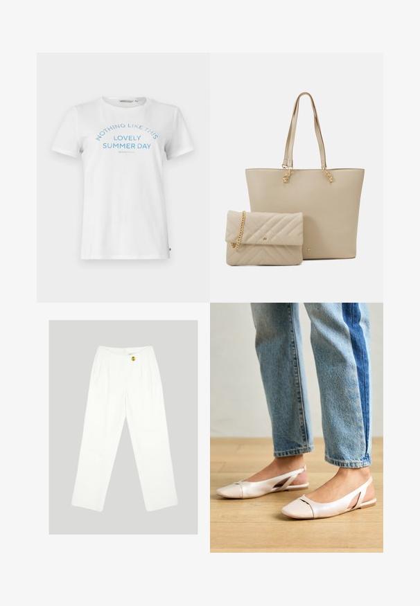 Balts kokvilnas T-kreklis ar īsām piedurknēm un apaļu kakla izgriezumu. Uz tā ir zils teksts ar uzrakstu "NEKAS NAV TĀDS KĀ ŠIS BURVĪGAIS VASARAS DIENA" ar arku veidotu dizainu.; Baltas, platajām kājām bikses, izgatavotas no gludas auduma. Aprīkotas ar vienu dzeltenu pogu un plektu priekšpusi. Redzami kabatas nav.; Bālti rozā siksniņu dzīvokļi ar smailu purngalu, izgatavoti no gludas ādas līdzīgās materiāla. Iezīmē izgriezumu detaļas sānos un platu papēdi.; Bēša tote soma ar plakaniem rokturiem, gludu tekstūru un zelta furnitūru, kopā ar saskaņotu izšūtu maciņu ar ķēdes siksnu.