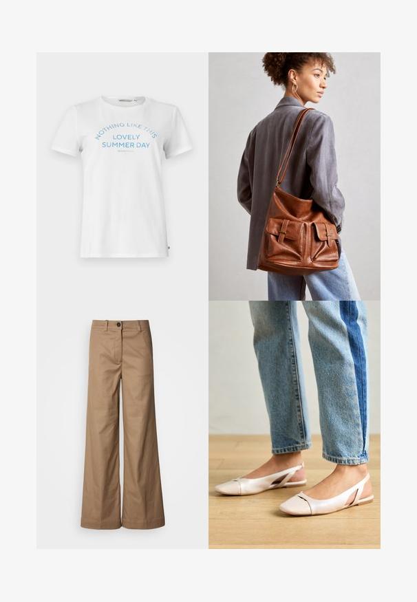 Biele bavlnené tričko s krátkymi rukávmi a okrúhlym výstrihom. Obsahuje modrý nápis "NIČ TAKÉ, AKO TENTO NIEŽNE LETNÝ DEŇ" v zakrivenej úprave.; Široké nohavice vyrobené z hladkej, béžovej látky. Majú predné zapínanie na gombík, pútka na opasok a bočné vrecká. Čisté línie bez viditeľných vzorov.; Svetloružové slingback baleríny s jemne špicatou špičkou, vyrobené z hladkého materiálu pripomínajúceho kožu. Majú výrezové detaily na stranách a plochý opätok.; Hnedá kožená kabelka v tvare vedra s dvoma prednými vreckami a prackovými detailmi. Kabelka má hladký povrch a nastaviteľný popruh.