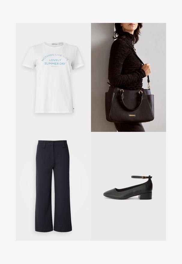 T-shirt branca de algodão com mangas curtas e gola redonda. Apresenta texto azul com a inscrição "NADA COMO ESTE LINDO DIA DE VERÃO" em um design arqueado.; Calças largas de tecido azul marinho escuro. Apresentam uma frente lisa, passantes para cinto e bolsos laterais. O material é suave com um ligeiro alongamento.; Sandal de pele preta com bico pontiagudo e um salto bloco baixo. Apresenta uma tira no tornozelo com uma fivela em tom dourado. Textura suave.; Bolsa preta com superfície texturizada, alças superiores duplas e alça de ombro ajustável. Apresenta ferragens em tom dourado e bolsos laterais.