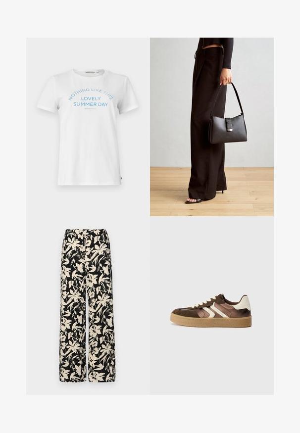 Valkoinen puuvillapaita, jossa on lyhyet hihat ja pyöreä kaula-aukko. Paidassa on sinisiä tekstejä, jotka sanovat "EI MIKÄÄN KUTEN TÄMÄ IHANA KESÄPÄIVÄ", kaarevassa muodossa.; Mustat leveälahkeiset housut, joissa on kermaisen värinen kukkakuosi. Valmistettu kevyestä kankaasta, jossa on sileä pinta ja korkea vyötärö.; Ruskeat ja kermaiset tennarit, joissa on mokkanahka- ja satiinimateriaaleja, kolmena vinona nauhana ja teksturoitu kumipohja.; Musta käsilaukku, jossa on rakenteellinen muoto, sileä pinta ja metallinen solki. Yhdistetty leveisiin mustiin housuihin ja avonaiheisiin sandaaleihin puulattialla.