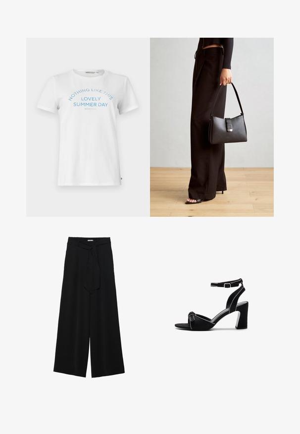 Balts kokvilnas T-kreklis ar īsām piedurknēm un apaļu kakla izgriezumu. Uz tā ir zils teksts ar uzrakstu "NEKAS NAV TĀDS KĀ ŠIS BURVĪGAIS VASARAS DIENA" ar arku veidotu dizainu.; Melni platleņķa bikses ar teksturētu audumu, elastīgu jostu un noņemamu siksnu viduklī, kas nodrošina regulējamu piegulšanu.; Melnas zamšādas kurpes ar papēdi uz augstiem blokiem, ar regulējamu potītes siksniņu, atvērtu purngali un kontrastējošu izšuvumu.; Melnā somiņa ar strukturētu formu, gludu tekstūru un metālu sprādzi. Saskaņota ar platām melnām biksēm un sandālēm ar atvērtu purngalu uz koka grīdas.