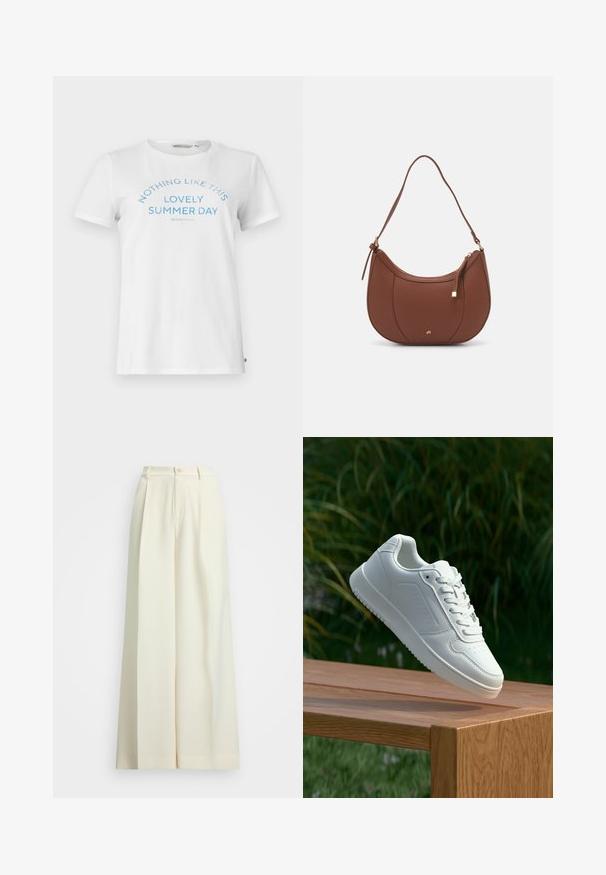 T-shirt branca de algodão com mangas curtas e gola redonda. Apresenta texto azul com a inscrição "NADA COMO ESTE LINDO DIA DE VERÃO" em um design arqueado.; Calças de perna larga em tecido bege claro, com cintura alta, pregas duplas e fecho de botão. Textura suave e design ajustado.; Sapatilha branca com um cabedal sintético liso, caixa dos dedos perfurada, atacadores planos e uma sola texturizada, exposta sobre uma superfície de madeira.; Mala de ombro em pele sintética castanha com forma curva, costura minimalista e detalhe em metal dourado. Apresenta fecho de zíper no topo e alça ajustável.