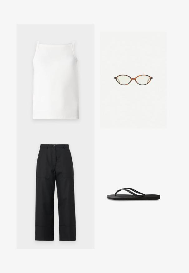 Witte ribgebreide tanktop met smalle bandjes, met een aansluitende pasvorm en een zachte textuur. Schone randen en minimale details.; Witte blouse met een diepe V-hals, lange mouwen en een strikdetail aan de voorkant. Gemaakt van een soepele, lichtgewicht stof met een ontspannen pasvorm.; Zwarte wijde broek van gladde stof. Beschikt over een knoopsluiting, voorzakken en strakke lijnen. De zoom is lichtelijk uitlopend.; Zwarte flip-flop met een gestructureerde rubberen zool, twee slanke banden en een subtiele, ingedrukte logo-detail op de band.; Kattenoogbril met ovale lenzen en een strakke, gladde afwerking. Heeft dunne zijkanten met een subtiele kromming bij de slapen. Transparante lenzen.