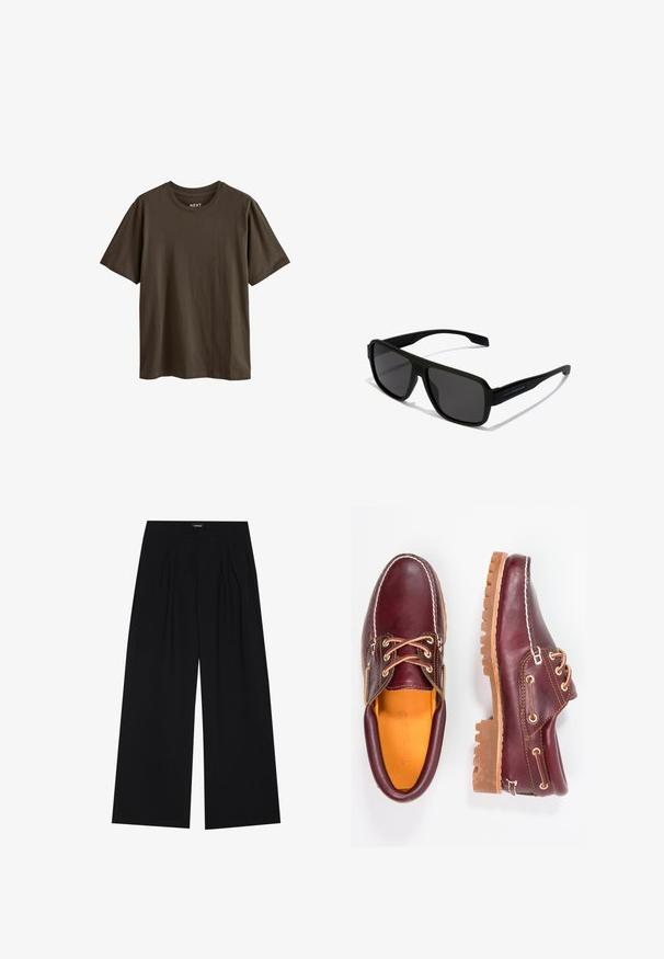 Tamsiai rudos spalvos medvilnės marškinėliai su trumpomis rankovėmis ir apvaliu kaklu. Lygus tekstūra, paprastas dizainas ir be matomų raštų ar akcentų.; YOURTURN UNISEX - Kelnės - black; Burgundi odiniai bateliai su rudais guminiais padais, apvaliu pirštu, balta siūle ir auksiniais inkarais. Interjere yra geltonas pamušalas.; Hawkers PARLAY - Akiniai nuo saulės - black