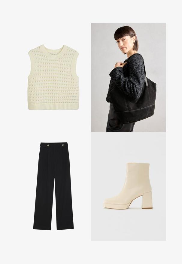 Kreminė be rankovių mezgimo topas, pasižymintis tekstūruotu atviru audiniu ir kraštu su gurguliukais.; Juodi plačios kojos kelnės su aukštu liemeniu, sagų detalėmis ant liemens ir priekinėmis raukšlėmis.; Smėlio spalvos odiniai aulinukai su blokuotu kulnu ir platforma, lygiu paviršiumi ir šiek tiek kvadratiniu nosiu, pasukti kairėn ant balto fono.; Juodas nubuko turgus su sklandžiu paviršiumi, struktūrine forma ir kontrastingomis siūlėmis. Yra ilgos rankenos, skirtos nešti ant peties.