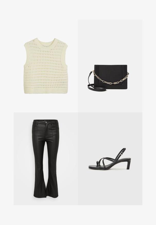 Kreminė be rankovių mezgimo topas, pasižymintis tekstūruotu atviru audiniu ir kraštu su gurguliukais.; Juodos platečiųjų kojų kelnės su blizgia, odai panašia tekstūra, turinčios priekinės kišenes, mygtuko užsegimą ir šoninius plyšius apatinėje dalyje.; Juodi šlepetės su kvadratiniu pirštu ir žemu bloku kulnu. Yra keli ploni dirželiai ir reguliuojamas kulkšnies diržas. Pagaminti iš lygios odos.; Juodas odinis per petį nešiojamas krepšys turi lygų paviršių, stačiakampio formą ir metalinę grandinėlę priekyje. Pridedama reguliuojama dirželis.