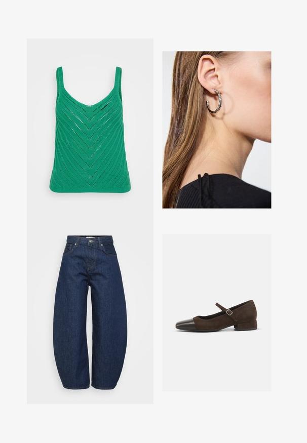 Zaļš adīts topiņš ar čevronu rakstu, ar platām siksnām un apaļu izgriezumu. Viegls, strukturēts audums ar atvērtām adīšanas daļām.; Tumši zili džinsa džinsi ar plašu, vaļīgu pieguļošanu. Ir rāvējslēdzēja aizdare, četri kabatas un kontrastējošas šuves gar šuvēm.; Brūni zamšādas Mary Jane apavi ar melnu lakotu purngalu, regulējamu siksniņu un zemu blokveida papēdi. Gluda tekstūra ar minimāliem akcentiem.; Sudraba auskars ar pulētu apdari, ar maziem zelta akcentiem un apaļu formu, uz ausu ļipiņas.