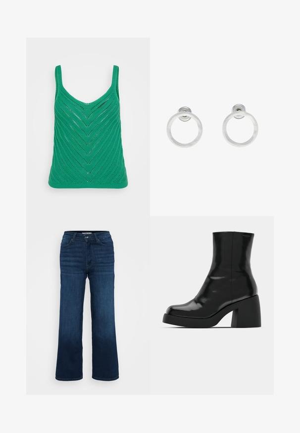 Zeleno pleteno brezrokavnik s chevron vzorcem, ki ima široke naramnice in okrogel izrez. Lahka, teksturirana tkanina z odprtimi pletenimi sekcijami.; ONLY Petite ONLMADISON BLUSH WIDE - Široke hlačnice - dark blue denim; Črne gležnjarje z sijajno površino, kvadratnim nosom in debelim blokskim peto. Oblikovanje izstopa s brezšivno silhueto in minimalnim logotipiranjem.; Srebrni kovinski obročasti uhani z brušenjem, s krožno obliko in prozornim zatičem za varno nošenje.