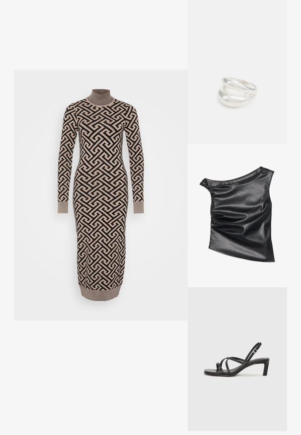 Top negro asimétrico hecho de imitación de cuero suave. Presenta un diseño drapeado y un brillo sutil, con un escote redondeado y una textura en capas.; Vestido largo y ajustado en un patrón geométrico en beige y negro, con un cuello alto acanalado y puños, fabricado con un tejido de punto texturizado.; Sandalia negra de tiras con punta cuadrada y tacón bajo de bloque. Presenta múltiples tiras delgadas y una correa ajustable en el tobillo. Fabricada en cuero suave.; Bolso cruzado de piel negra con textura suave, forma rectangular y un detalle de cadena metálica en el frente. Incluye una correa ajustable.; Anillo de plata de doble banda con una superficie lisa y pulida. Presenta un diseño fluido y curvado con secciones superpuestas para un aspecto moderno.