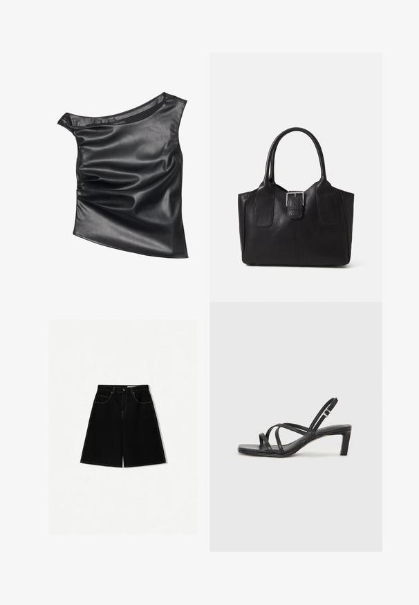 Schwarzes, asymmetrisches Top aus glattem Kunstleder. Verfügt über ein drapiertes Design und einen subtilen Glanz, mit rundem Ausschnitt und geschichteter Textur.; Schwarze Denim-Shorts mit lockerer Passform, ausgestattet mit fünf Taschen, gelben Nähakzenten und einem mittelhohen Bunddesign.; Schwarze Sandale mit Riemchen, quadratischer Zehenform und niedrigem Blockabsatz. Verfügt über mehrere dünne Riemen und einen verstellbaren Knöchelriemen. Hergestellt aus glattem Leder.; Schwarze Leder-Tote mit glatter Textur, strukturiertem Design, zwei Griffen und einem auffälligen silbernen Schnallen-Detail auf der Vorderseite.