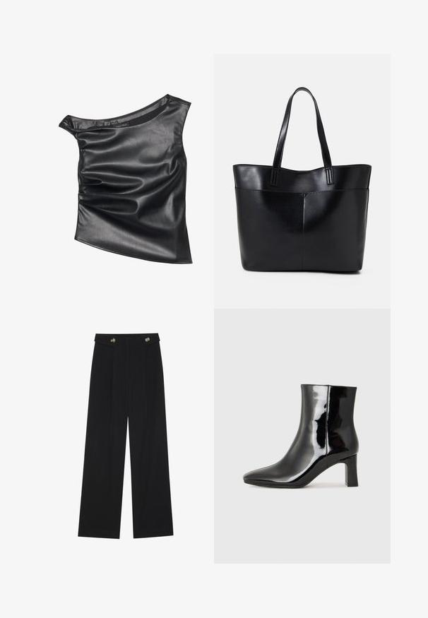 Svart, asymmetrisk topp laget av glatt imitert lær. Har et drapert design og subtil glans, med rund halslinning og lagdelt tekstur.; Svart vide bukser med høy midje, knappdetaljer på midjebåndet og frontplisser.; Sorte patentlær ankle boot med spiss tå og en mellomhøy blokkhelt. Glatt tekstur og minimalistisk design.; Svart lær toteveske med to lange håndtak, en glatt tekstur og en strukturert form. Har en frontlomme for ekstra oppbevaring.