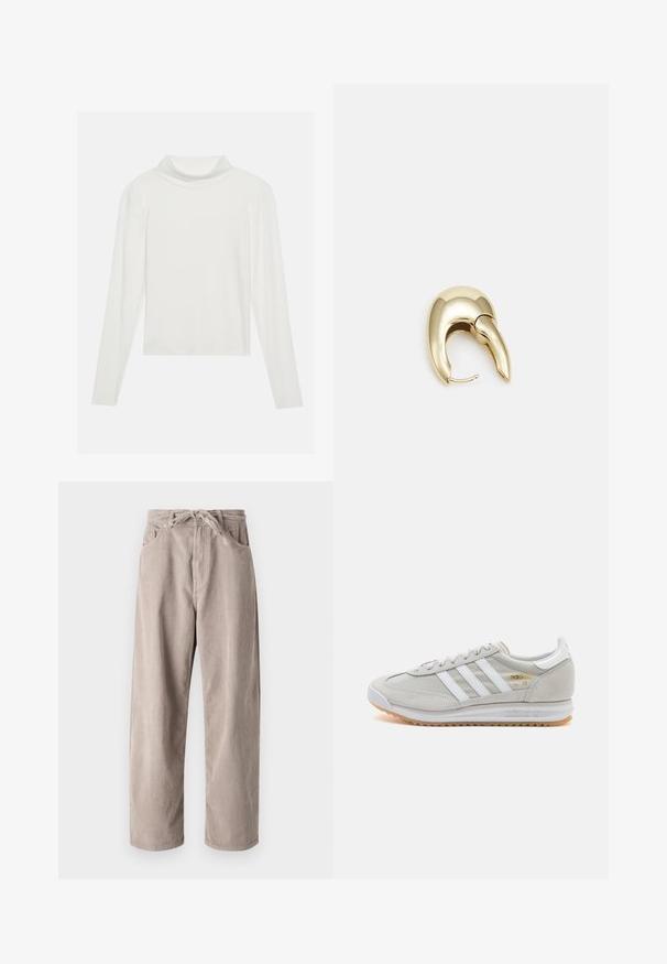 Valge pika varrukaga särk ümmarguse kaelusega, valmistatud ribakudumiskangast, millel on volditud krae ja vormitud siluett.; Beige kammkootud püksid, millel on mugav lõige, paelaga vöökoht, kaks eesmist taskut ja vertikaalne soonik tekstuur.; Heled hallid tossud, mis on valmistatud nubukist ja võrgust, millel on kolm valget triipu, ümmargune varvas ja kummist tald. Kuldne logoelement paelte lähedal.; Kuldtooni metallist kõrvarõngas, millel on elegantne ja kaarjas disain. Omab silmapaistvat teravat kuju, poleeritud pinda ja hingesulgemist.