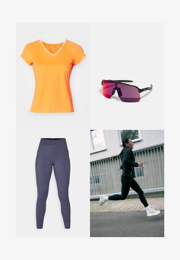T-shirt de manga curta em V na cor laranja brilhante, com acabamento branco e mangas raglan, fabricada em tecido leve e suave.; Leggings de cintura alta em uma cor cinza escuro sólida. Feitas de um tecido elástico com costuras planas e um design de perna ajustada e afunilada.; Ténis de corrida em verde claro com sola texturizada, combinados com leggings pretas e uma jaqueta preta. O corredor está em meio ao passo numa superfície pavimentada.; Óculos de sol desportivos pretos com lentes em degradê de rosa a roxo e um design geométrico elegante. Apresenta um suporte nasal ajustável e um detalhe de logotipo na haste.