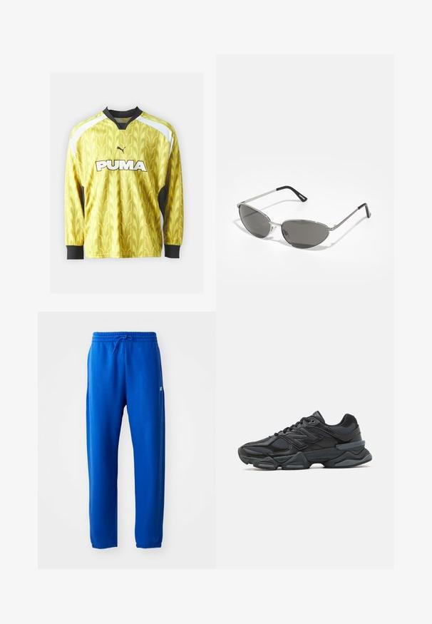 Puma FOOTBALL LONGSLEEVE - Topper langermet - fresh pear; Blå joggebukser laget av mykt stoff, med elastisk midjebånd og snøring, smale ben og en liten logo-detalj på siden.; Svart løpesko med en blanding av mesh og syntetiske materialer, chunky såle, buet design og fremtredende merkevare på siden.; Solbriller med en slank, sølvmetallisk ramme, gråtonede linser og et aerodynamisk design med spisse kanter og tynne armer.