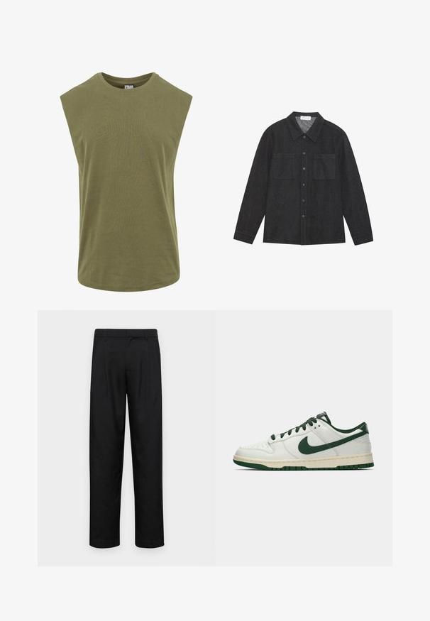 Bez piedurknēm, olīvzaļš T-krekls, izgatavots no mīksta kokvilnas, ar apaļu kakla izgriezumu un brīvu, relaksētu piegriezumu, gluda un viendabīga tekstūra.; Tumši pelēks krekls, kas izgatavots no struktūrētas auduma, ar norādītu apkakli, pogu priekšpusi un divām krūšu kabatām. Garas piedurknes ar pogām.; Melnas bikses, izgatavotas no gludas auduma, ar taisnu kāju dizainu, divām priekšējām krokām un standarta jostu, kurai ir āķi.; Balti zemāko tenisa apavu ar tumši zaļu Nike swoosh, auklām un zoles akcentiem, parādīti profila skatījumā uz vienkrāsaina baltā fona.