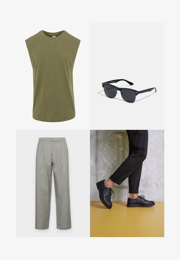 Sleeveless olive green t-shirt made from soft cotton, featuring a round neckline and a loose, relaxed fit with smooth, uniform texture.; Gray tailored trousers made of textured fabric, featuring a straight-leg design, front pleats, and a standard waistband with belt loops.; Black leather lace-up shoes with a rounded toe, textured surface, and thick rubber sole. Worn with rolled black trousers against a concrete background.; Black sunglasses with a rectangular shape, dark lenses, silver accents at the temples, and a matte finish on the frame.