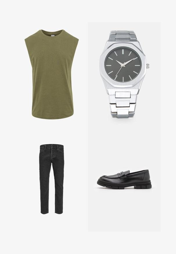 Sleeveless olive green t-shirt made from soft cotton, featuring a round neckline and a loose, relaxed fit with smooth, uniform texture.; Black denim jeans with a straight leg design, five pockets, and belt loops, featuring a slightly faded texture and contrast stitching.; Black leather loafers with a smooth finish, featuring a front strap detail and a chunky rubber sole with grooved accents.; Silver analog watch with an octagonal case, gray dial, silver hour markers, and a stainless steel link bracelet. Minimalist design with smooth texture.