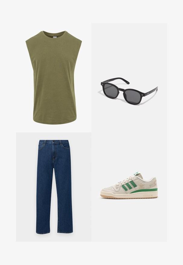 Mouwloze olijfgroene t-shirt van zacht katoen, met een ronde halslijn en een losse, relaxte pasvorm met een gladde, uniforme textuur.; Donkerblauwe rechte denim jeans met frontzakken en een knoopsluiting, weergegeven op een effen witte achtergrond.; Adidas sneakers met een beige leren bovenwerk, groene strepen en een rubberen zool. Beschikt over een gevoerde kraag en geperforeerde neus voor ademend vermogen.; Zwarte ovale zonnebril met donkere lenzen, dikke monturen en zilveren stipaccenten aan de zijkanten. Gladde kunststof materiaal, hedendaags ontwerp.
