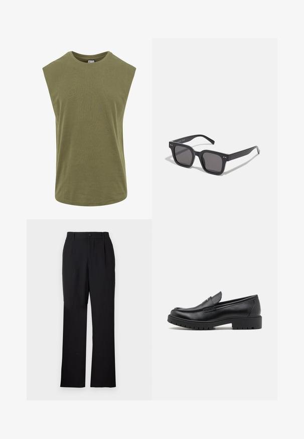 Bežėlių apvalios apykaklės, be rankovių žalios alyvuogių spalvos marškinėliai, pagaminti iš švelnaus medvilnės, su laisvu, pliušnės apipjaustymu ir lygiu, vienodu tekstūru.; Only & Sons ONSJEREMY LOOSE PANT - Kelnės - black; Juodos odinės loferių suapvalintu nosimi, lengvai užmaunamu dizainu ir storu guminiu padu, turinčiu tekstūruotą sukibimą. Pakeltas kulnas ir subtilios siuvimo detalės.; Juodos stačiakampės saulės akinių su tamsiais lęšiais, turinčiais storą rėmelį, subtilias detales šonuose ir be matomų logotipų, išskyrus prekės pavadinimą.; Casio kvarcinis laikrodis su juodu ciferblatu, sidabriniu nerūdijančio plieno dirželiu, dideliais baltais ir raudonais skaičiais bei vandeniui atspariu iki 200 m.