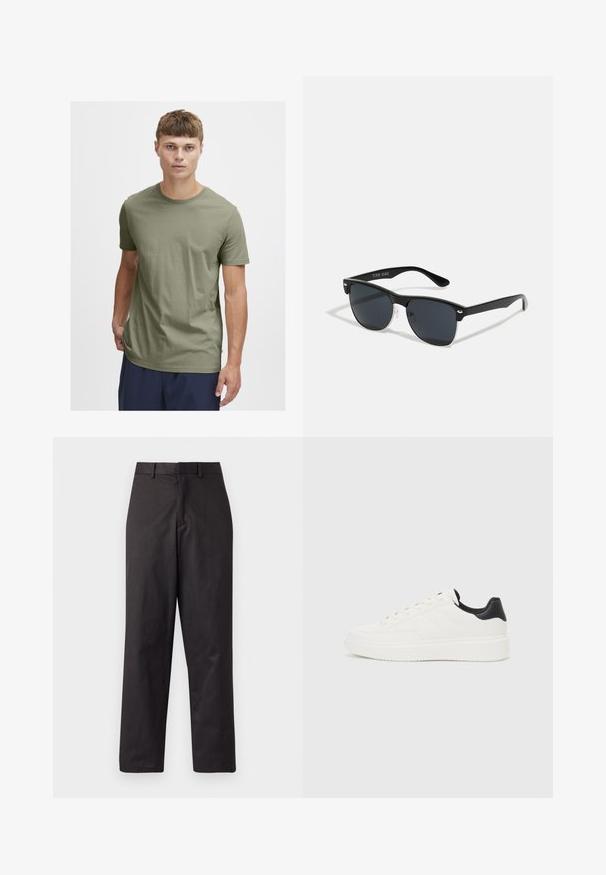 Olivenfarget bomulls t-skjorte med rund hals og korte ermene; lett, jevn tekstur; ingen mønstre eller synlige detaljer.; Sorte bukser laget av bomullsblanding, med en rett ben design, frontlommer og et standard midjebånd med beltesløyfer.; Hvit lær sneaker med preget mønster, teksturert hvit mellomsole og svart hælakkent. Har rund tå og flate lisser.; Sorte solbriller med rektangulær form, mørke linser, sølvfargede detaljer ved templene, og en matt finish på rammen.