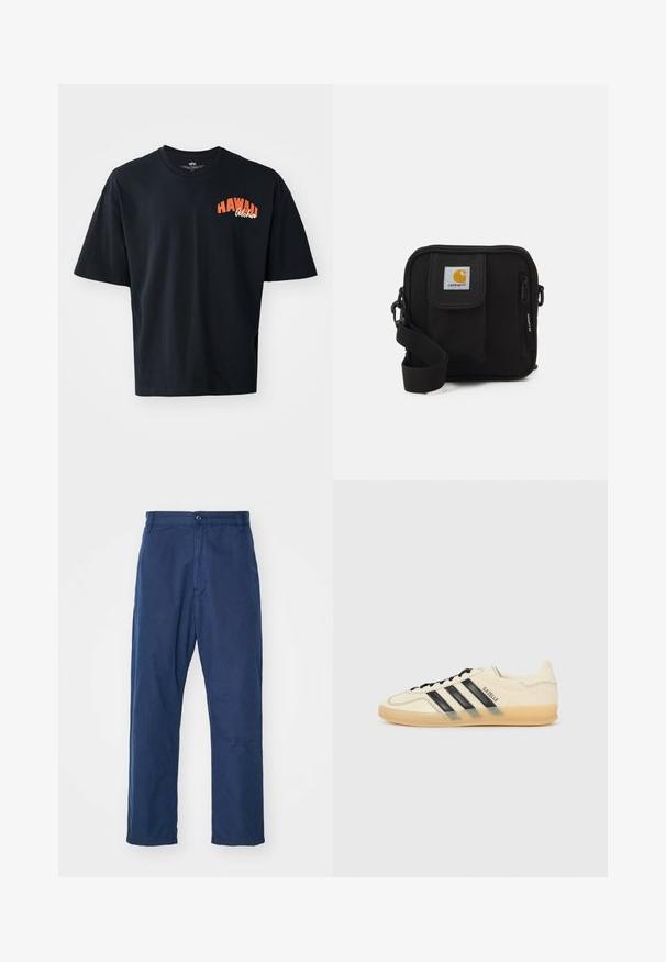 Juodas medvilninis marškinėliai trumpomis rankovėmis ir apvalia iškirpte. Krūtinėje yra oranžinė užrašas "HAWAII Aloha". Paprastas, laisvas siluetas.; Tamsiai mėlyni, tiesūs kelnės pagamintos iš medvilnės. Su priekiniais mygtukais, subtilia tekstūra, šoninėmis kišenėmis ir diržo kilpomis.; Šviesiai kreminiai sportbačiai su juodu trikampiu dizainu, tekstūruota viršutinė dalis, apvalus pirštas ir guminiu padu. Yra raišteliai ir ženklas šone.; Juoda petnešų rankinė su užtrauktuku pagrindiniame skyriuje, priekinė kišenė, reguliuojama juostele ir matoma logotipo etikete ant uždaromo dangtelio.