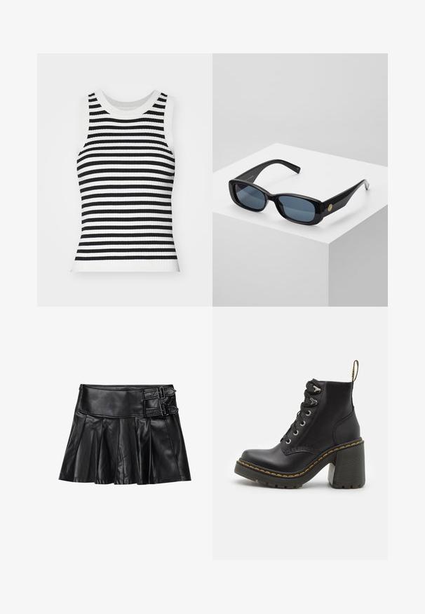 Ženska brezrokavnik iz rebraste pletenine, ki ima črno-belo vodoravno črtasto vzorčenje, okroglo ovratnico in prilegajočo silhueto.; Črna usnjena krilo s gubami, širokim pasom in dvema zaponkama na strani. Gladka tekstura s sijajno obdelavo.; Črne usnjene gležnarske škornje z masivnim visokim petami, vezanjem spredaj, kovinskimi luknjicami in rumenim šivom ob podplatu. Teksturiran gumijast podplat.; Črne pravokotne sončna očala s modrimi zatemnjenimi lečami, debelimi okvirji in zlatim krožnim okrasom na strani. Eleganten, sijoč zaključek.; Burgundska torbica iz sintetičnega materiala z strukturirano zasnovo, opremljena z odstranljivim pasom in cvetličnim šalom, privezanim na ročaju.