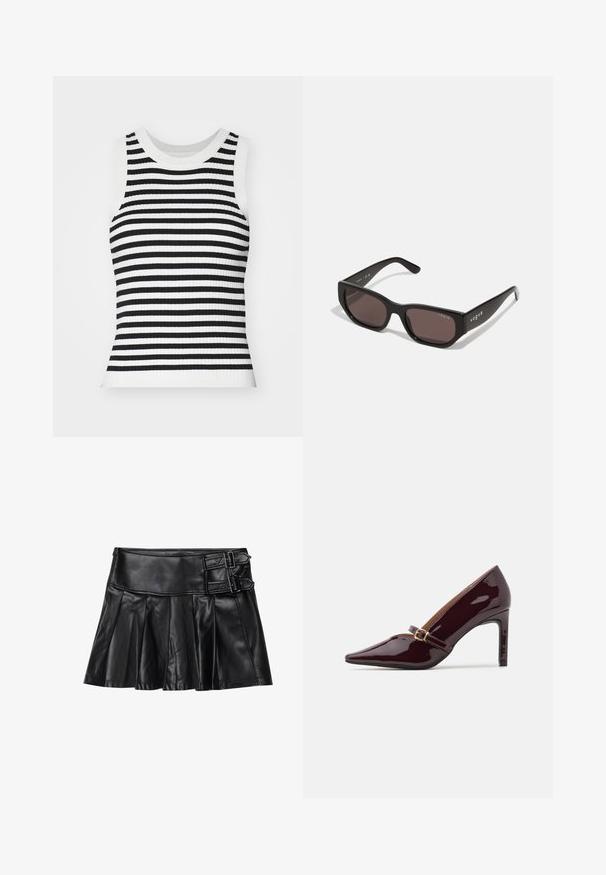 Hladký pletený bezrukávový top s čierno-bielymi vodorovnými pruhmi, okrúhlym výstrihom a priliehavým strihom.; Čierna kožená sukňa s sklady, širokým pásom a dvoma prackami na boku. Hladká textúra s lesklým povrchom.; Patentná bordová topánka na vysokom opätku s špicatou špičkou, členkovým remienkom so zlatým kovaním a elegantným, lesklým povrchom. Zvýšený stiletto opätok.; Čierne obdĺžnikové slnečné okuliare s tmavými sklami. Majú hladký plastový rám a detail loga na bočnej časti. Čistý, moderný dizajn.; Bordová kabelka vyrobená z umelého materiálu so štruktúrovaným dizajnom, s odnímateľným popruhom a kvetinovou šatkou zviazanou na držadle.