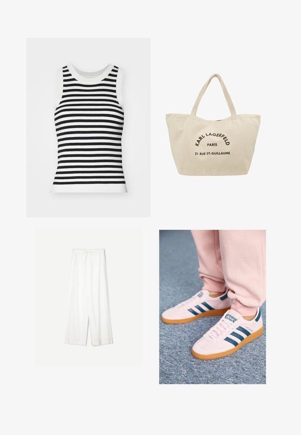 Rippstrick ärmelloses Oberteil mit schwarzen und weißen horizontalen Streifen, rundem Ausschnitt und figurbetonter Silhouette.; Weiße weit geschnittene Hose mit einem Kordelzugbund, vor einem einfarbigen Hintergrund präsentiert, was ihren lässigen Stil und die Textur des Stoffes betont.; Hellrosa Wildledersneaker mit dunkelblauen Lederstreifen und einer Gummisohle. Merkmale sind flache Schnürsenkel sowie ein Branding an der Seite und Zunge.; Beige Tragetasche aus Canvas mit schwarzem Logotext. Verfügt über zwei Griffe und ein großzügiges Design mit einem kontrastierenden roten Innenraum.