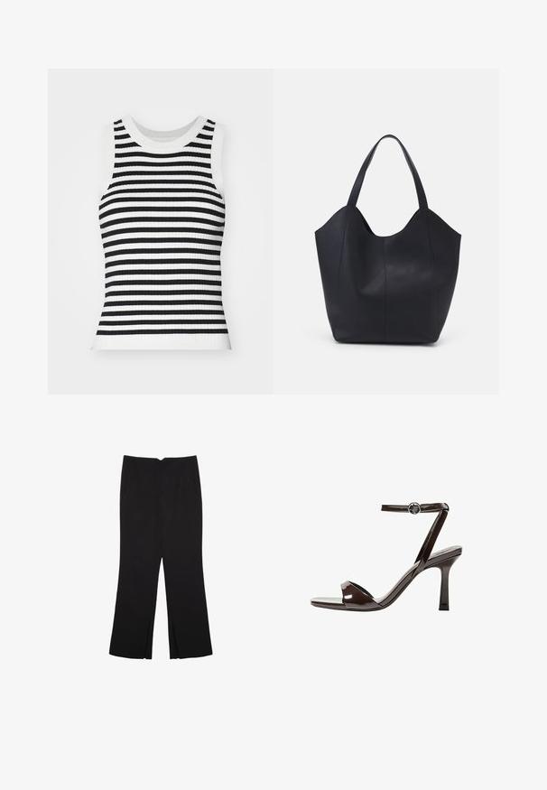 Rebrasta pletena majica bez rukava s crno-bijelim horizontalnim prugama, okruglim izrezom i uskim siluetom.; Crne hlače ravnog kroja, s prednjim džepovima i bočnim prorezima na rubu. Izrađene od mekog i glatkog materijala. Pogodne za razne prigode.; Smeđi lakirani kožni sandali s visokim potpeticama, remenom oko članka, otvorenim prstima i elegantnim, minimalističkim dizajnom. Imaju kvadratnu potpeticu.; Crna torba od glatke kože, s zakrivljenim otvorenim vrhom, dva remena za rame i minimalističkim dizajnom.