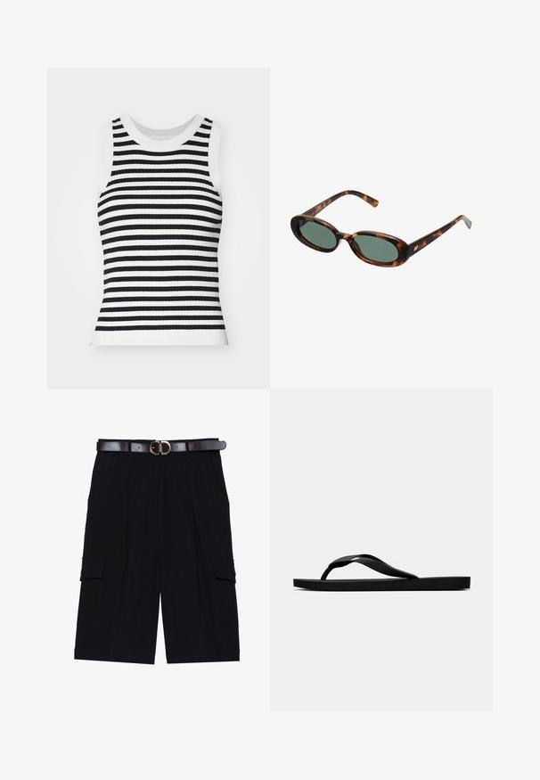 Csíkos, bordázott kötésű, ujjatlan felső fekete és fehér vízszintes csíkokkal, kerek nyakkivágással és testhez simuló siluettal.; Fekete cargo rövidnadrág könnyű anyagból, egyenes szabással, oldalsó zsebekkel és barna bőövvel, ezüst csattal.; Fekete gumipapucs, textúrált pánttal és egyszerű lapos talppal, oldalnézetből, világos háttér előtt.; Tortojásmintás napszemüveg ovális kerettel és zöld lencsékkel. Vékony szárakkal rendelkezik, fémes kiegészítővel a csuklók közelében.
