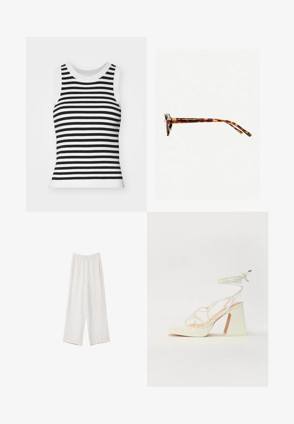 Hladký pletený bezrukávový top s čierno-bielymi vodorovnými pruhmi, okrúhlym výstrihom a priliehavým strihom.; Biele široké nohavice vyrobené z ľahkej tkaniny. Obsahujú elastický pás so sťahovacou šnúrkou a bočné vrecká. Hladká textúra.; Biele sandále na vysokom opätku s hrubým podpätkom, s pruhovaným dizajnom a viazaním na členku. Hladký povrch s platformou vpredu pre zvýšenú výšku.; Slnkové okuliare v korytnačkovom vzore s hrubým rámom, mierne zakrivenými stranami a hladkým povrchom. Majú klasický dizajn s lesklým povrchom.