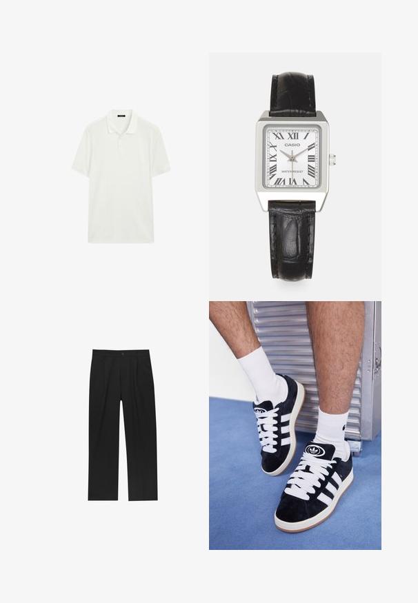 Hvid polo-shirt lavet af polo-stof, med kravehalsudskæring, korte ærmer og lige snit med tre-knaps lukning.; Sorte bukser med lige ben, lavet af et glat stof. Har frontfolder og en enkelt knaplukning i taljen.; Sorte ruskinds sneakers med hvide snørebånd og tre hvide striber. Har et rundt sort logo på tungen og en gummigummisål.; Sølv firkantet ur med hvid skive, sorte romerske cifre og teksten "VANDTÆT". Sort læderrem med struktureret overflade.