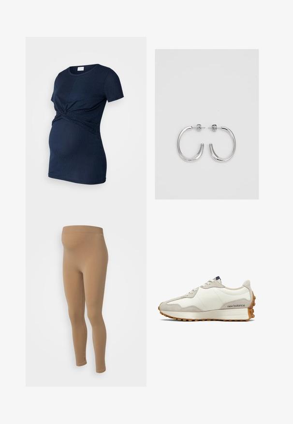 MAMALICIOUS MLANLI JUNE - Tričko s potlačou - navy blazer detailmelange; Bežové tehotenské legíny so širokým pásom. Vyrobené z elastického materiálu, navrhnuté tak, aby sa pohodlne nosili počas tehotenstva. Bezšvové spracovanie.; Biele a béžové tenisky s hladkým koženým zvrškom, semišovými akcentmi, okrúhlou špičkou a textúrovanou gumovou podrážkou. Názov značky je natlačený na boku.; Strieborné kruhové náušnice s hladkým a lesklým povrchom. Okrúhly tvar, ľahký dizajn, s uzáverom na kolík.