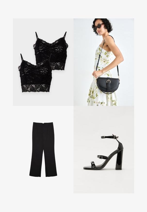 Dva crna čipkana bralettea s tankim trakama, cvjetnim uzorkom i rubovima s valovitom ivicom, preklopljena jedni preko drugih na bijeloj pozadini.; Crne hlače ravnog kroja, s prednjim džepovima i bočnim prorezima na rubu. Izrađene od mekog i glatkog materijala. Pogodne za razne prigode.; Crne lakirane sandale na visoku petu s dva remena s kopčama, kvadratnim vrhom i masivnom blok petom, s glatkom, sjajnom teksturom.; Crna kožna torba s lukovitim oblikom, odvojivim remenom i zlatnim detaljima. Torba ima preklop s kopčom.
