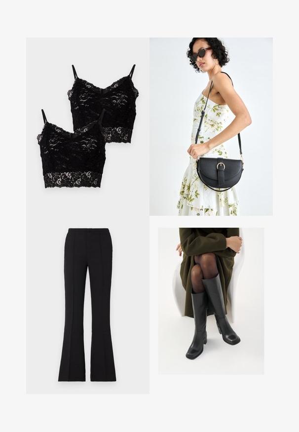 Divi melniem mežģīņu krūšturiem ar smalkām siksnām, ziedu rakstu un viļņotām malām, novietoti viens uz otra uz baltas fona.; Melni izplūduši bikses, izgatavotas no gludas auduma, ar pieguļošu jostu, priekšējiem šuvju detaļām un nelielu izplūdumu, sākot no ceļa.; Ceļgalu augstuma melni ādas zābaki ar kvadrātu purngalu un bloku papēdi, attēloti modelī, kurš sēž olīvu zaļā mētelī. Gluda tekstūra, minimāla apdare.; Melnas ādas rokassoma ar izliekta formu, noņemamu siksnu un zelta aksesuāriem. Somai ir vāciņš ar sprādzes detaļu.