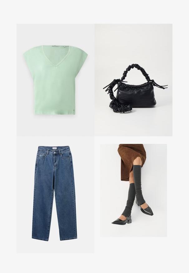 Mėtinės žalios spalvos V formos kaklo marškinėliai su trumpomis plačiomis rankovėmis, laisvu siluetu ir lygiu audiniu. Mažas logotipas šalia apatinio krašto.; Klasikiniai mėlynos džinsinio audinio džinsai su tiesiomis kojomis, penkiomis kišenėmis ir mygtukų uždarymu. Pasižymi vidutiniu skalbimu ir tvirtu audiniu.; Juodi lakuoti odiniai batai su aštriu kuma ir bloko kulnu, derinami su pilkais riebiais kojų šildytuvais ir rudais zomšiniais sijonais.; Juodas dirbtinės odos rankinė su krokodilo tekstūra, sušnibždinta viršuje ir susikraipytu dirželiu. Atrodo minkšta ir kompaktiška.